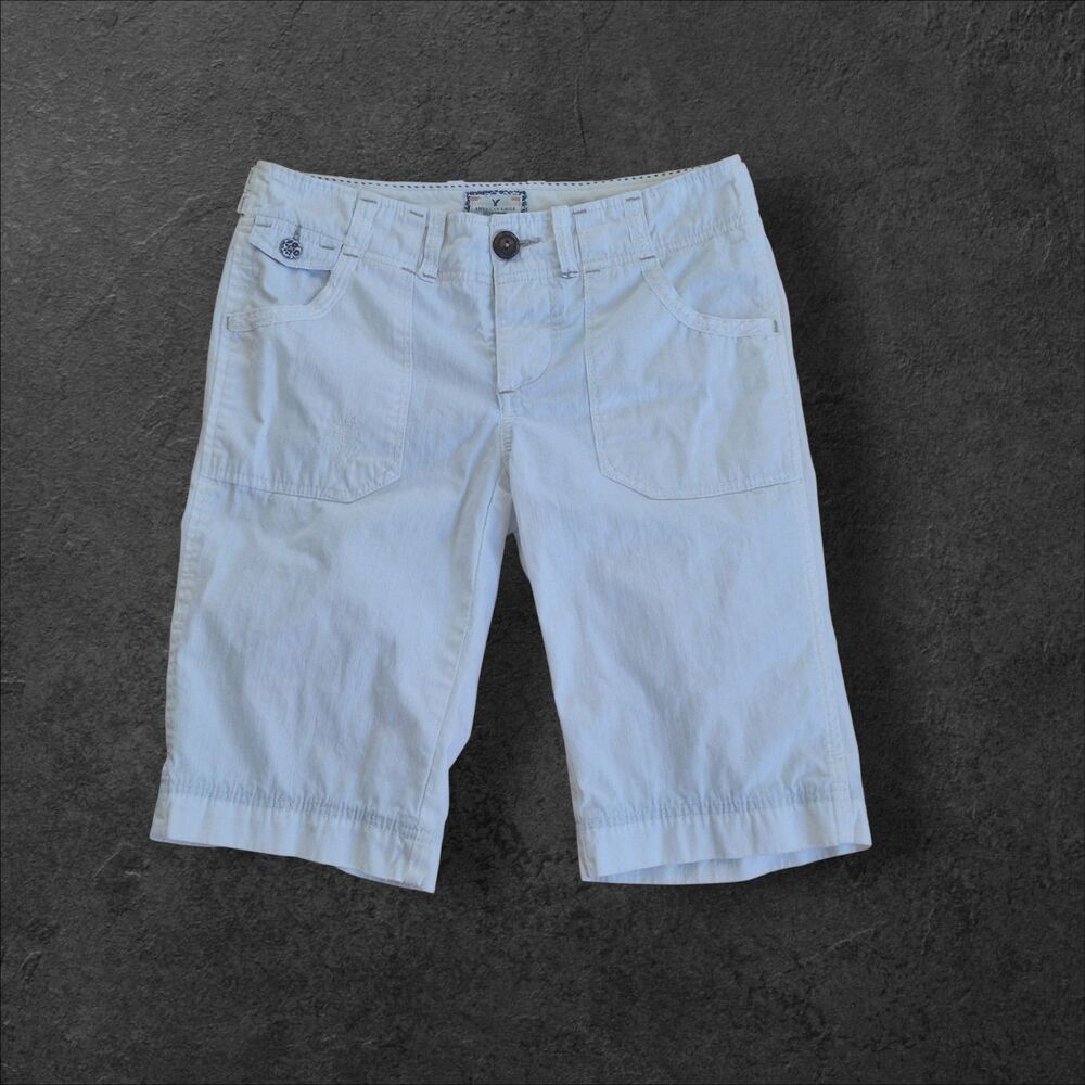American Eagle Outfitters Y2K Bermuda Shorts White Cotton 5 Pocket Low Rise Sz 0